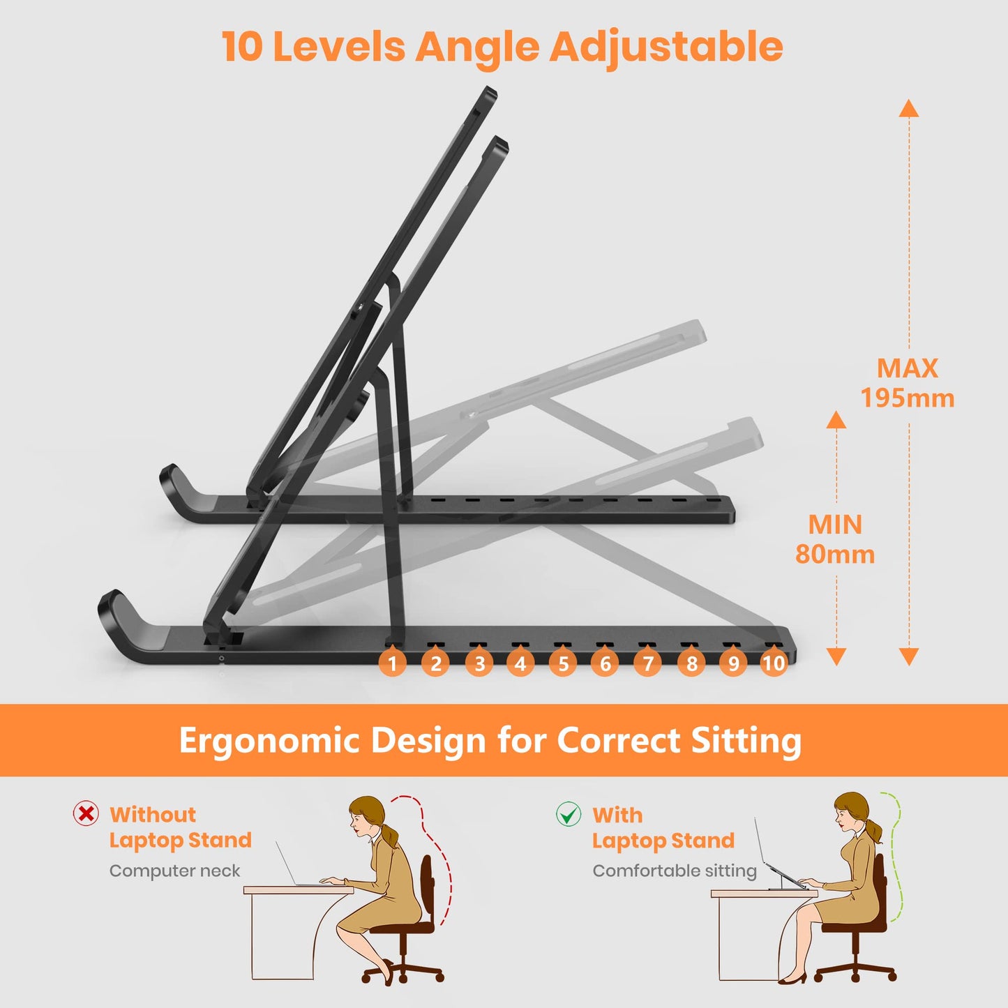 Portable Laptop Stand,10 Levels Height Adjustable Laptop Holder,Lightweight ABS+Silicone Foldable Laptops Riser,Notebook Cooling Stand PC Riser for
