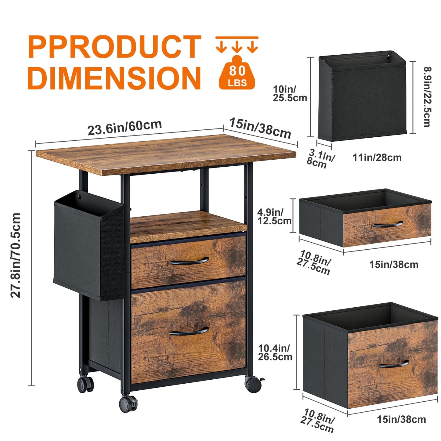 Printer Stand with 2 Fabric Drawers Mobile File Cabinet,End Table On Wheel
