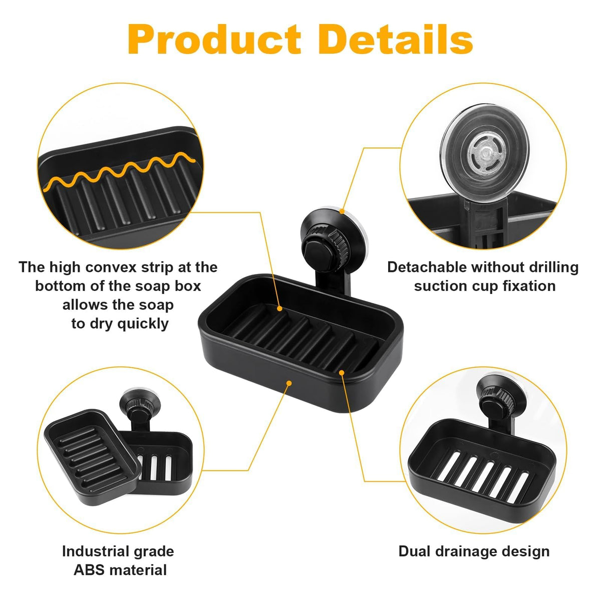 Soap Dish for Bathroom Suction Cup Soap Holder Max Hold 5KG, Black