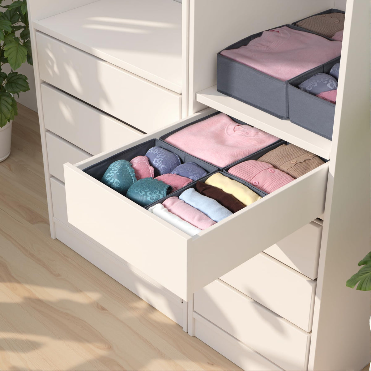 ORLISA Drawer Organiser for Clothes, Compatible Fit, Sturdy Base, Foldable, Storage Box, Cupboard Organiser for Baby Clothes, Pack of 4