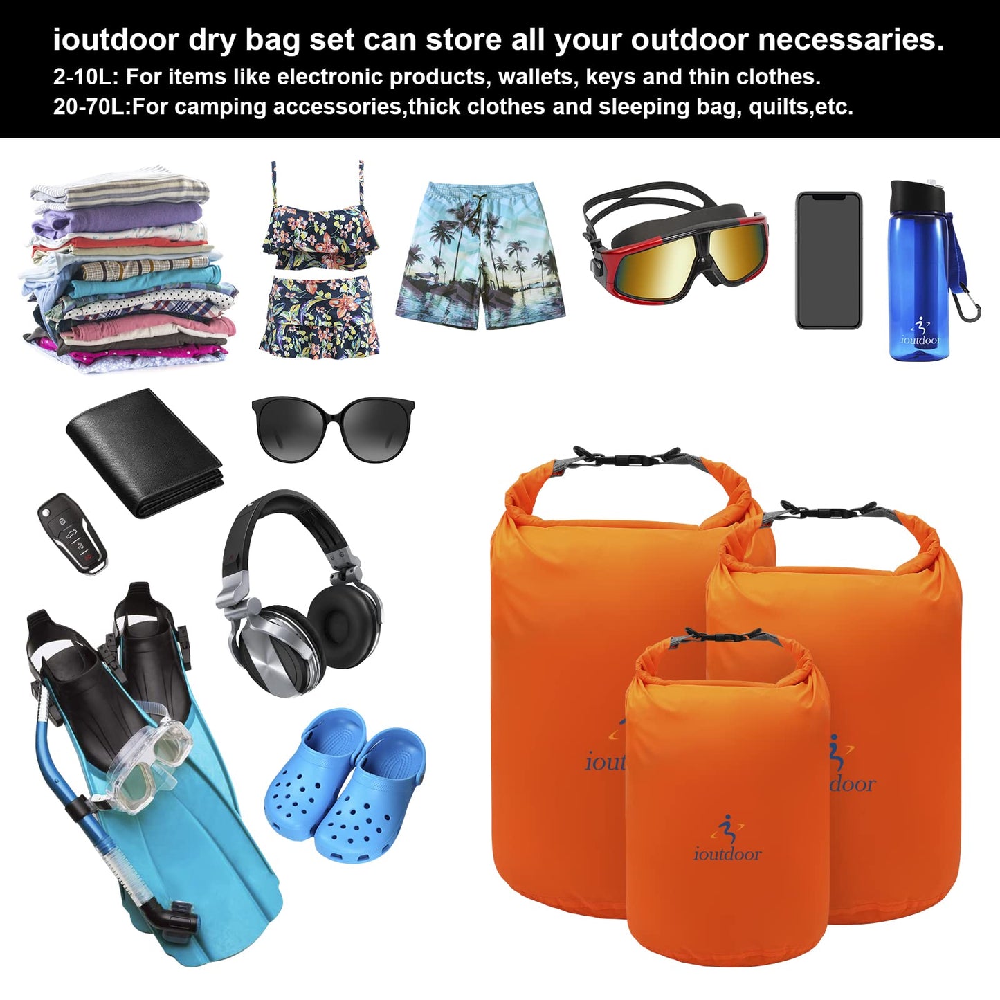 ioutdoor Dry Bag Set 2L + 5L + 10L + 20L+ 40L+ 70L Waterproof Small Lightweight Dry Bags for Paddle Board Kayaking Swimming Fishing Camping Hiking