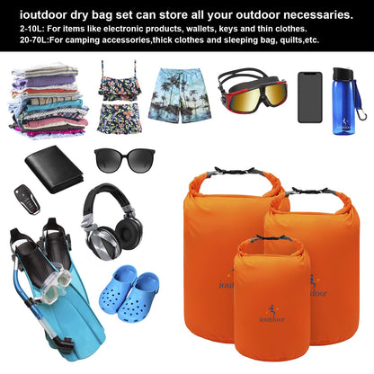 ioutdoor Dry Bag Set 2L + 5L + 10L + 20L+ 40L+ 70L Waterproof Small Lightweight Dry Bags for Paddle Board Kayaking Swimming Fishing Camping Hiking