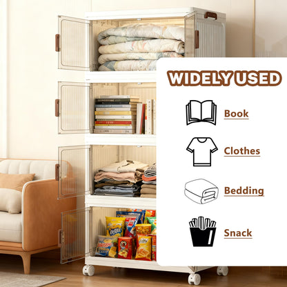 Viyohoh Storage Boxes with Lid, 4-Tier Plastic Stackable Storage Boxes with 1 Lid 28L/Tier, Folding Collapsible Bins with Wheels
