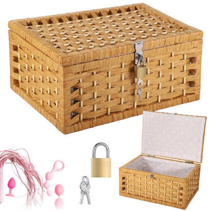 Wicker Basket with Lidt, Discreet Adult Toy Basket with Lid & Lock, Woven Paper Rope Organizer with Wooden Frame, Gray Floral Lining