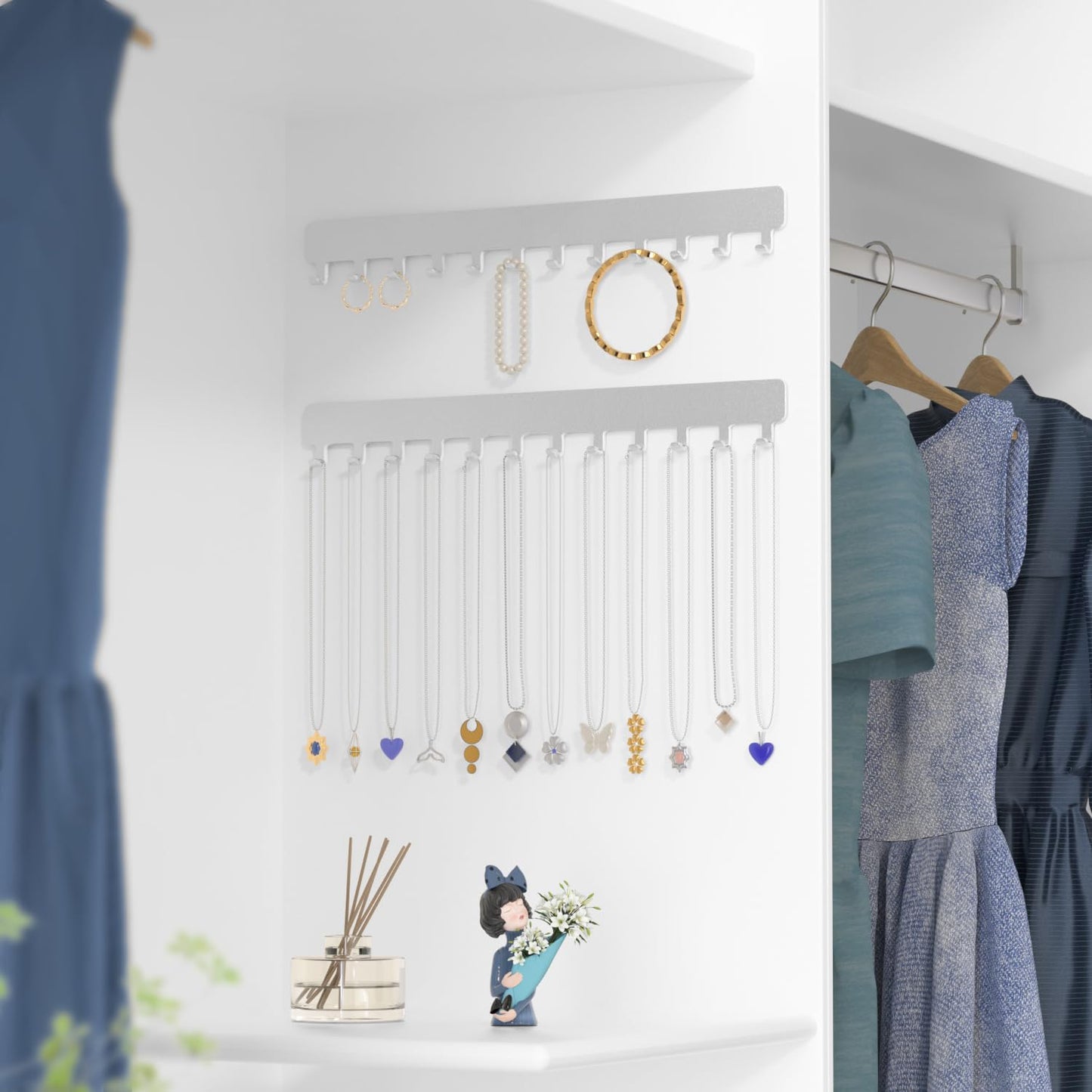 Josmimic Wall Necklace Organizer Holder: Wall Mounted Jewelry Hanging Storage Necklaces Display Hanger Painted Silver 2 PCS