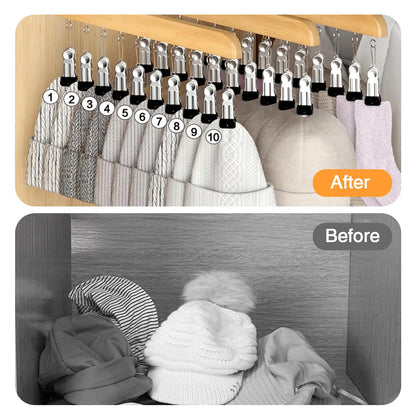 2 PCS Hat Storage, Wooden Legging Organizer with 10 Stainless Steel Clips Baseball Anti Slip Hat Rack Hats Storage Organizer for Closet Scarves