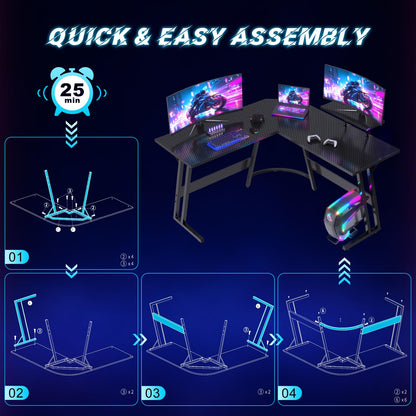 JUMMICO L Shaped Gaming Desk with Large Monitor Stand,120x120x75cm Corner Desk for Home Office Study Writing Workstation, Carbon Fibre Black