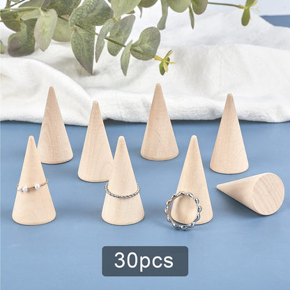 FINGERINSPIRE 30Pcs Wood Cone Ring Holder BurlyWood 25x50mm