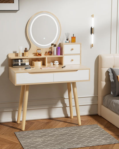 Dressing Table with Round Mirror and Lights, 80cm Small Vanity Desk