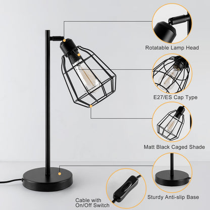 HARPER LIVING Plug in Table Lamp, Caged Bedside Table Light with Switch, E27 Cap, Reading Desk Lamp Black Vintage Finish, Ideal for Living Room,