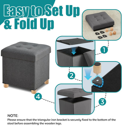BRIAN & DANY Folding Ottoman Storage Box with Wood Legs, Linen Foot Stool, Footstool with Storage, Highly Elastic Sponge Filling, Gray
