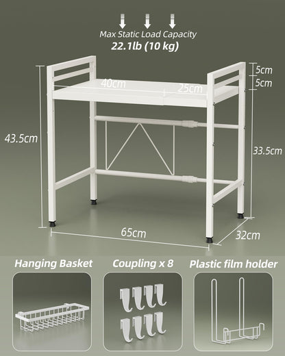 NETEL Expandable Microwave Shelf,2-tier Microwave Stand with Spice Basket, Cling film holder & 4 Hooks, Kitchen Furniture,white