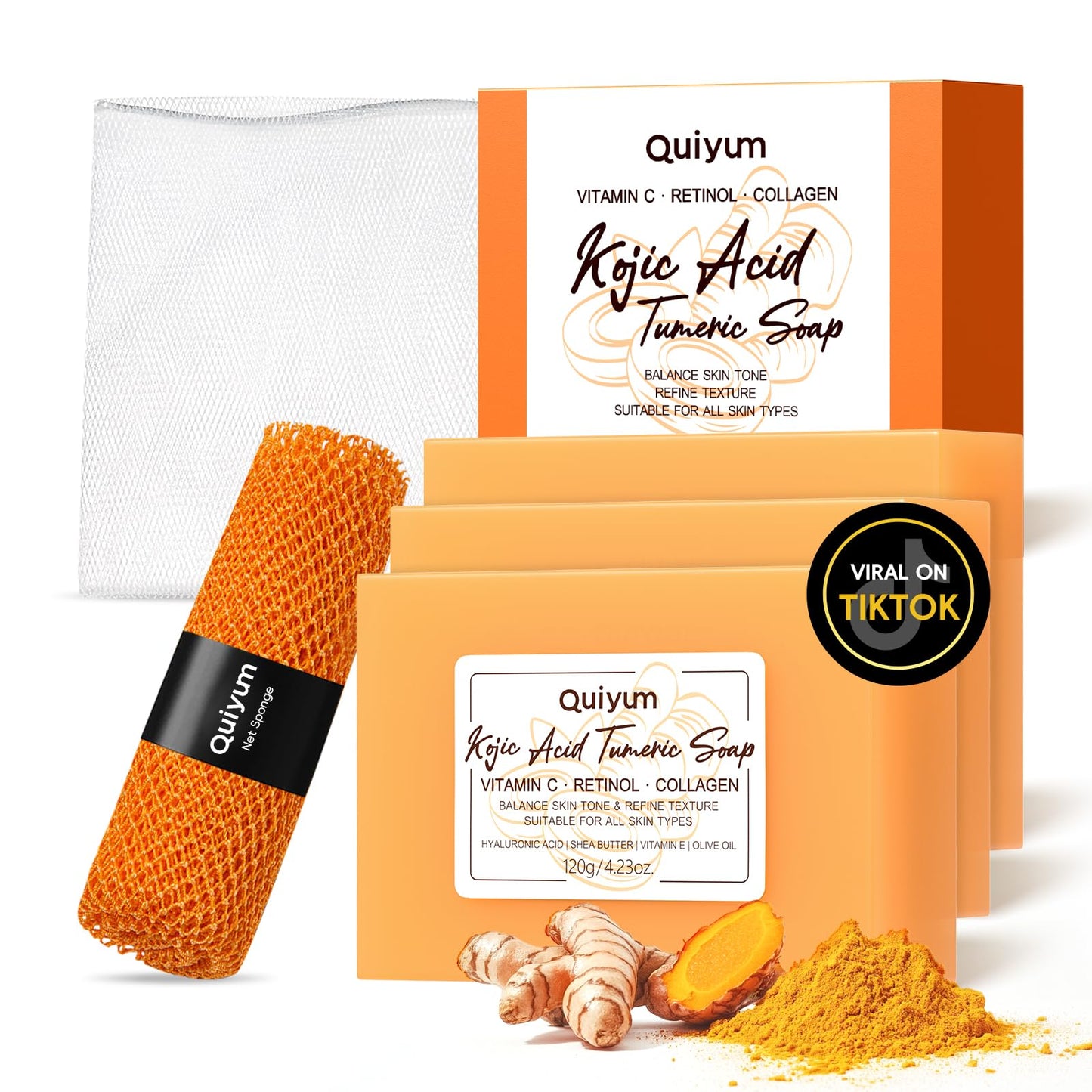 Quiyum Kojic Acid & Turmeric Soap Bar, 3x120g Dark Spot Corrector, Hyperpigmentation Treatment with Vitamin C, Retinol & Shea Butter, Face & Body Home