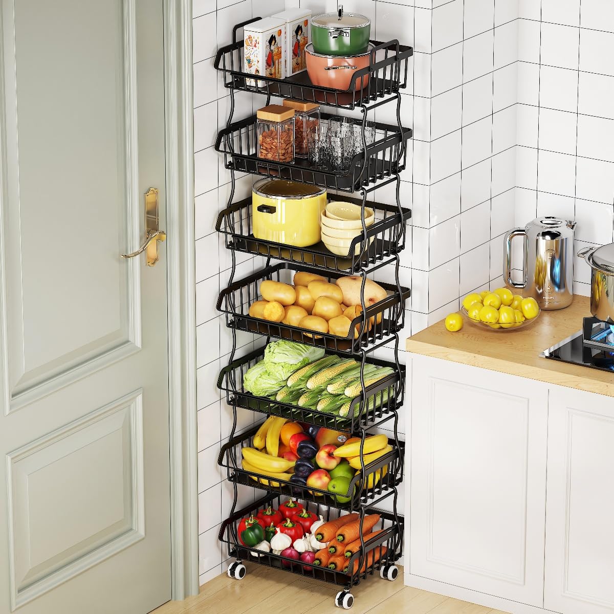 Rolling Metal Wire Basket Storage Cart with Top Handle and Wheels, Heavy Duty Stackable Organizer, Can Seperated to Use for Kitchen, Bathroom, Bedroom