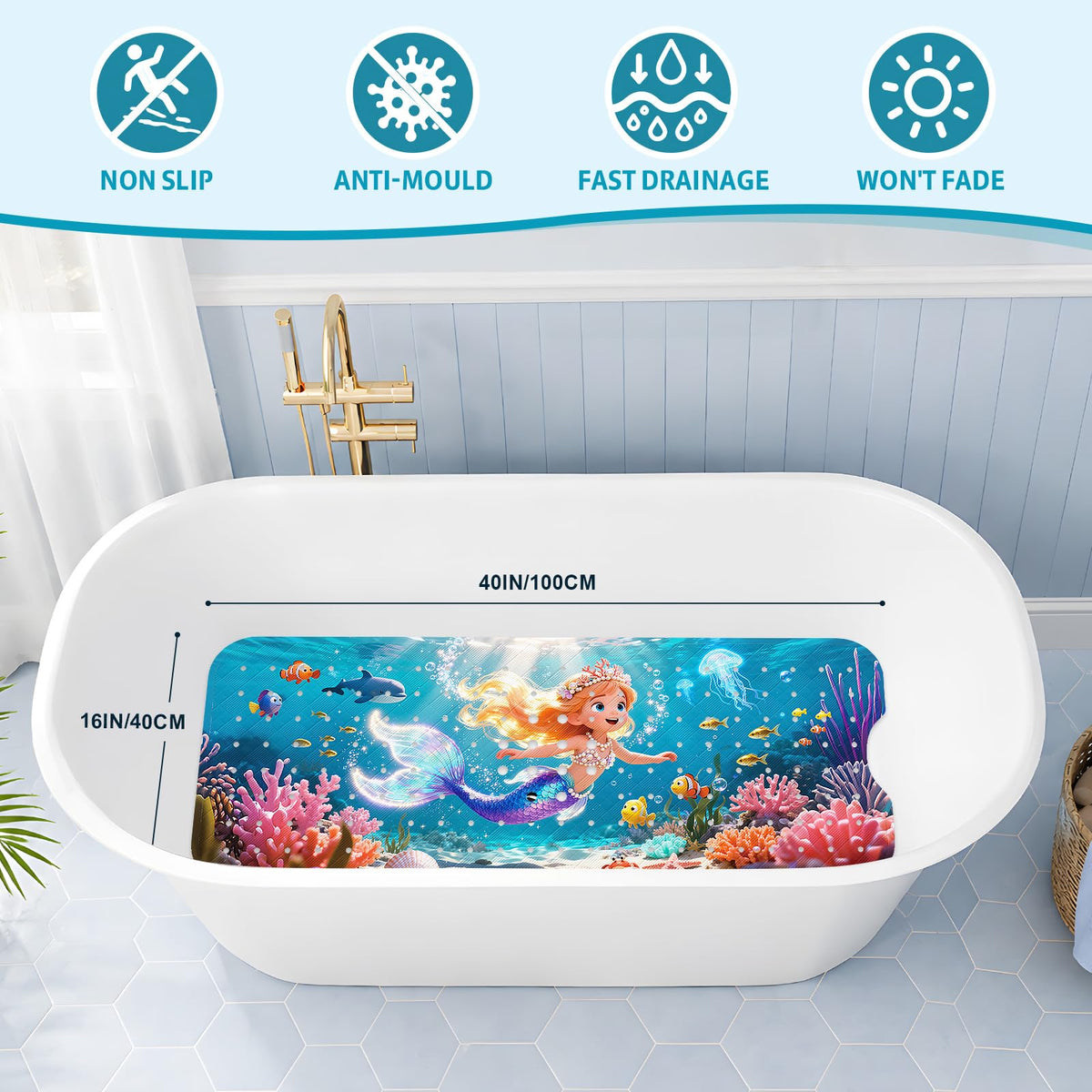 XIYUNTE Baby Bath Mats Non Slip Anti Mould, Cartoon Kids Bath Mat Non Slip, 100x40cm Extra Large Baby Shower Bath Mat with Suction Cups & Drain Holes