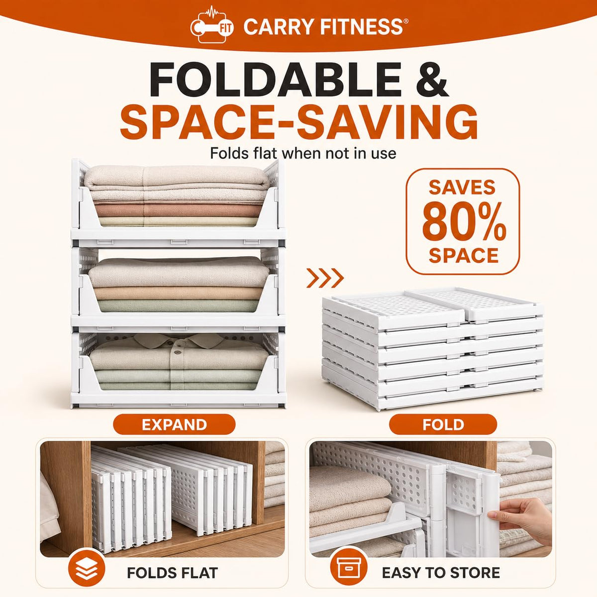 Carry Fitness 4 Pack Foldable Wardrobe Storage Organiser | Space Saving Foldable Drawer For Bedroom, Kitchen & Office