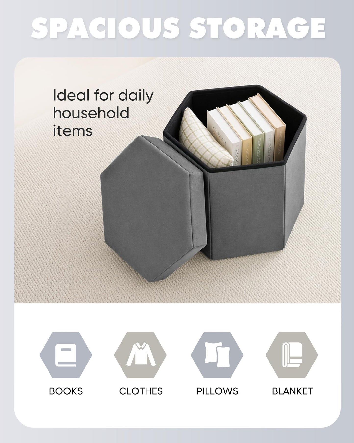 Bonlife Folding Storage Ottoman Hexagonal, Footrest with Toy Ches Box, 43cm