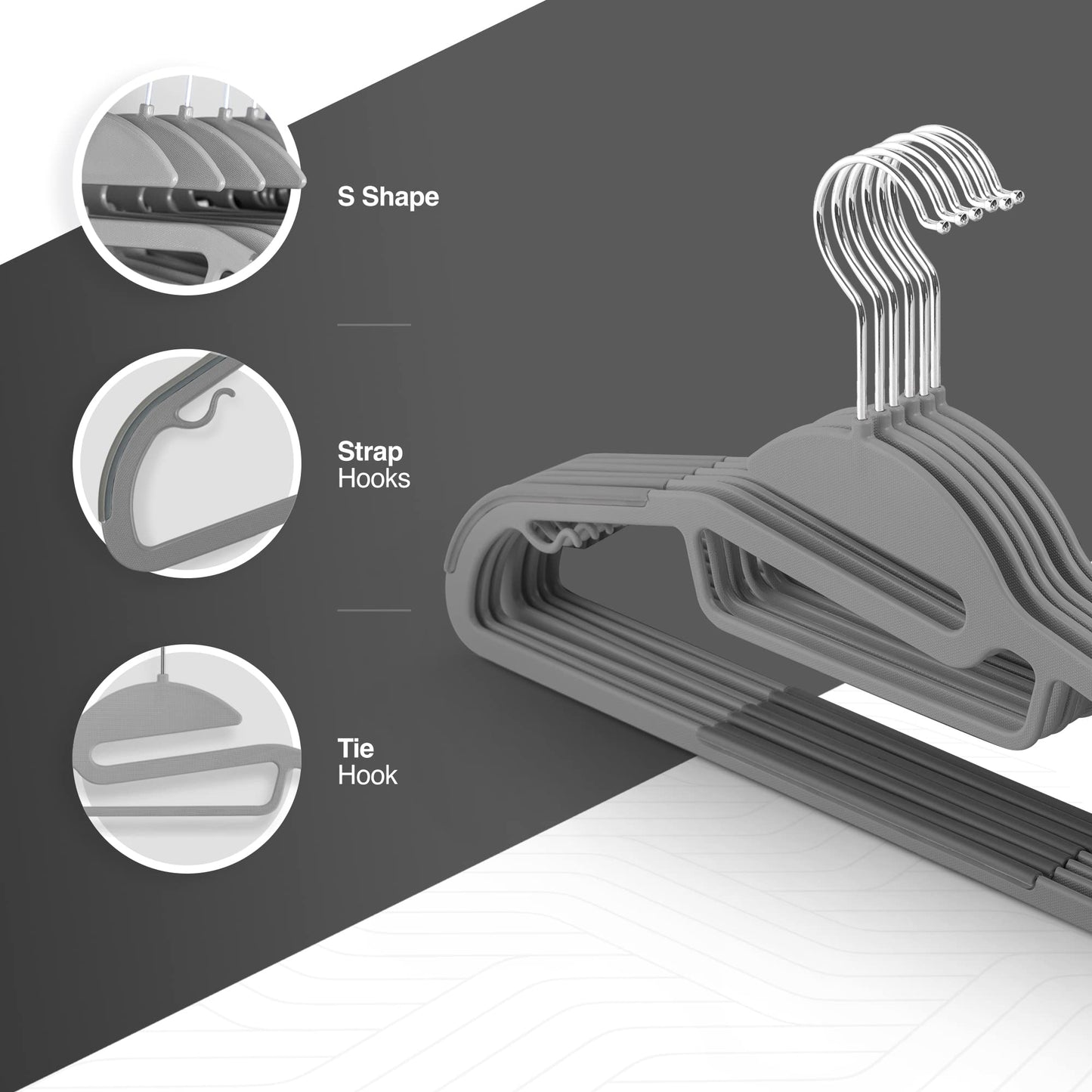 KEPLIN 20-Pack Non-Slip Hangers – Durable, Slimline Design for Space Saving with 360° Swivel, Tie Organiser, Strap Hooks, and S-Shape Opening