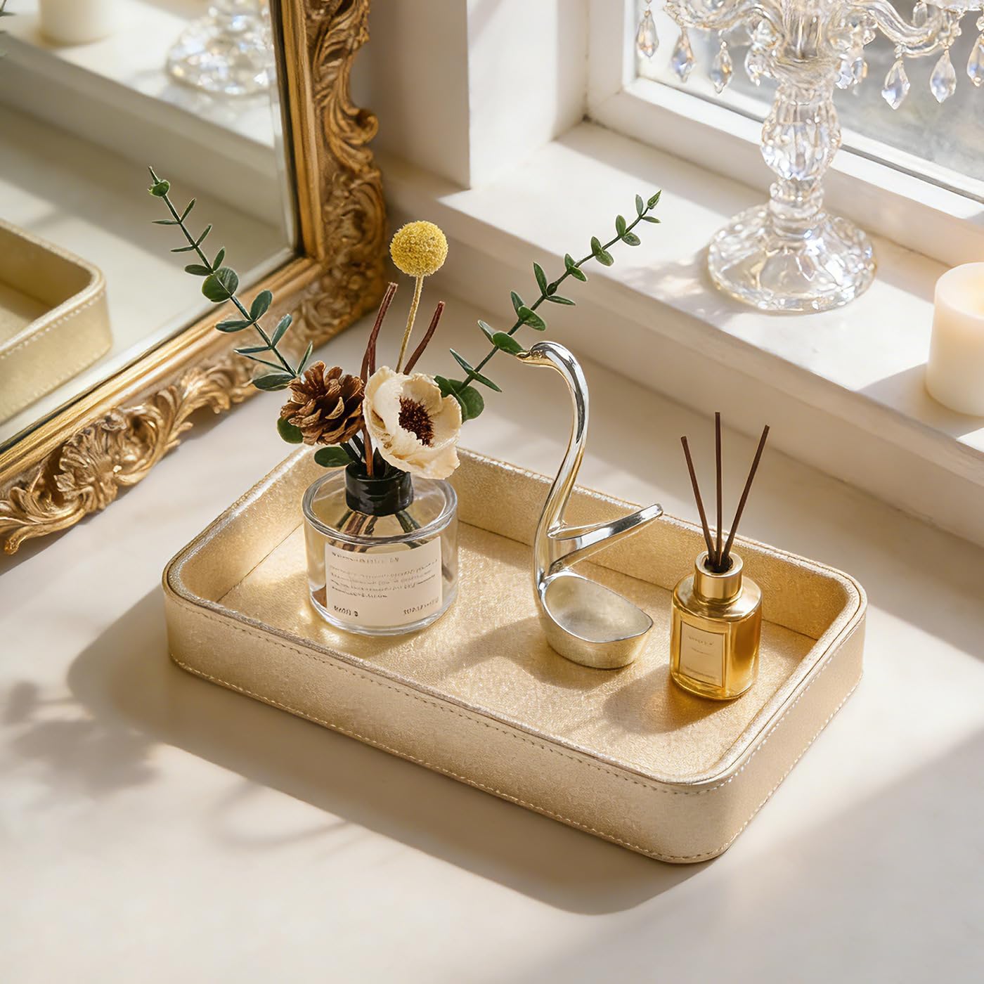 GORESE Bathroom Tray,Oval Decorative Tray Perfume Tray Jewellery Tray Vanity Trays PU Leather Trinket Trays Key Dish Soap Dispenser Trays Desk Trays