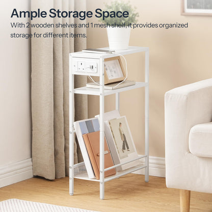HOOBRO Slim Side Table with Charging Station, Narrow Side Table with USB Ports and Power Outlet, 42 x 18 x 65 cm, 3-Tier End Table for Small Space,