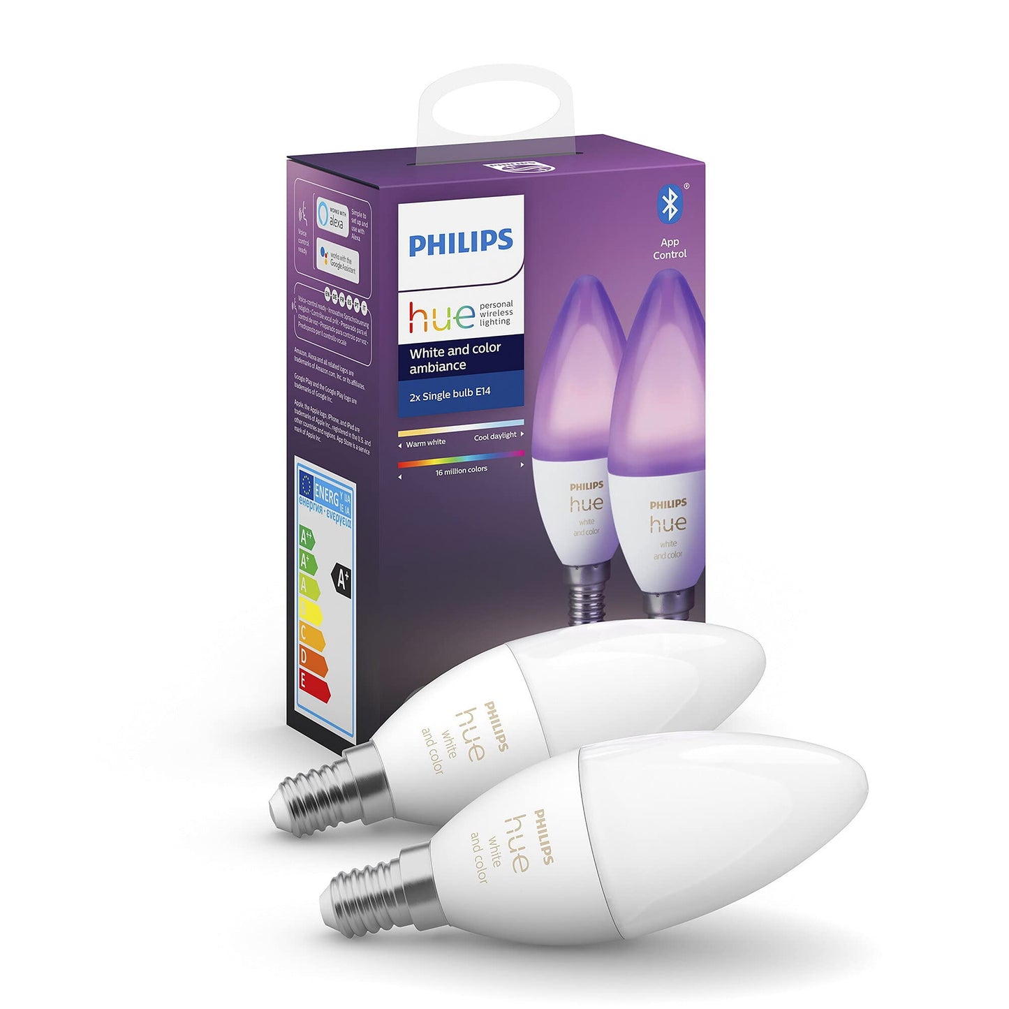 Philips Hue Twin Pack White and Colour Ambiance Candle LED Smart Bulb [E14 Edison Screw] with Bluetooth, Works with Alexa, Google Assistant and Apple