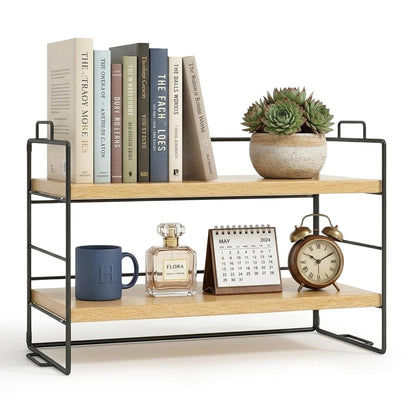 Milky Way Desktop Bookshelf Organizer, 2-Tier Wood Desk Shelf, Black Frame