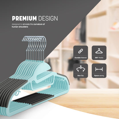 KEPLIN 50-Pack Non-Slip Hangers – Durable, Slimline Design for Space Saving with 360° Swivel, Tie Organiser, Strap Hooks, and S-Shape Opening - Teal