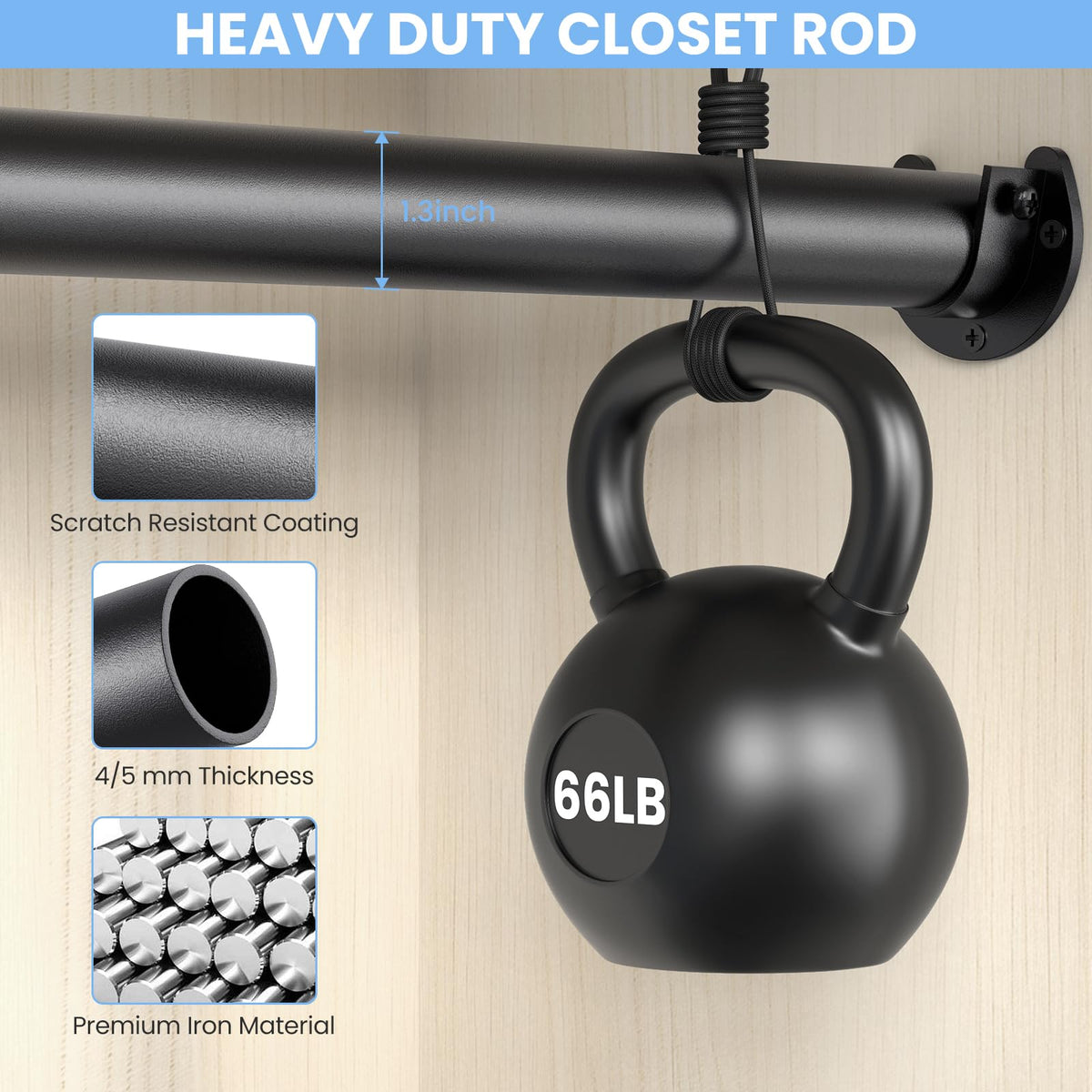 Ruiony Wardrobe Rail, 43 to 173 CM Heavy-Duty Stepless Adjustable Wardrobe Hanging Rail, 3.3 CM Diameter Metal Wardrobe Pole for Wardrobes