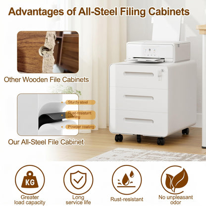 HOMSTEEL Mobile File Cabinet, Metal Filing Cabinet with Lock, 4 keys, 3 Drawers, Rounded Corner, Pre-assembled, for Office, Home office, White