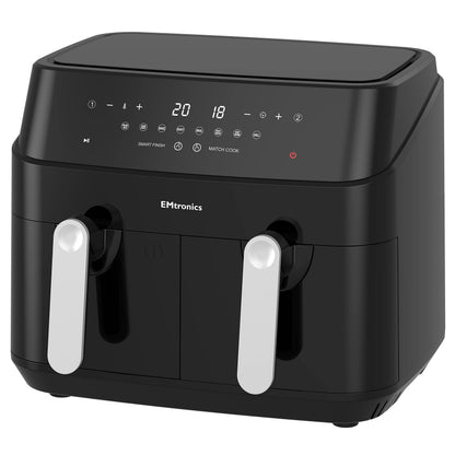 EMtronics EMAFDD9L Dual Air Fryer Extra Large Family Size Double XL 9 Litre with 8 Adjustable Pre-Set Menus for Oil Free & Low Fat Healthy Cooking,