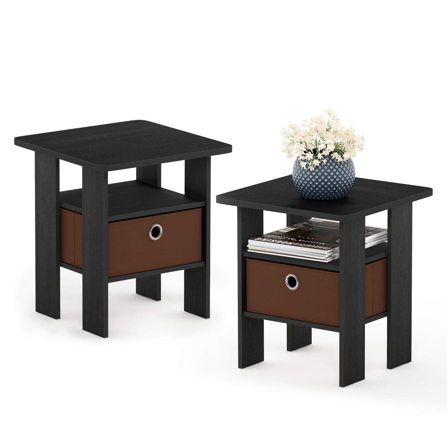 Furinno ANDREY Side Table, Set of 2 End Table, Night Stand with Open Shelves and Storage Bin, Bedside Table, for Living Room, Bedroom, Americano