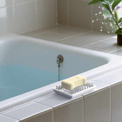 Linkidea Ceramic Soap Dish with Removable Stainless Steel Wire Rack, Double-Layer Bar Soap and Sponge Holder with Drip Tray for Bathroom Sink and