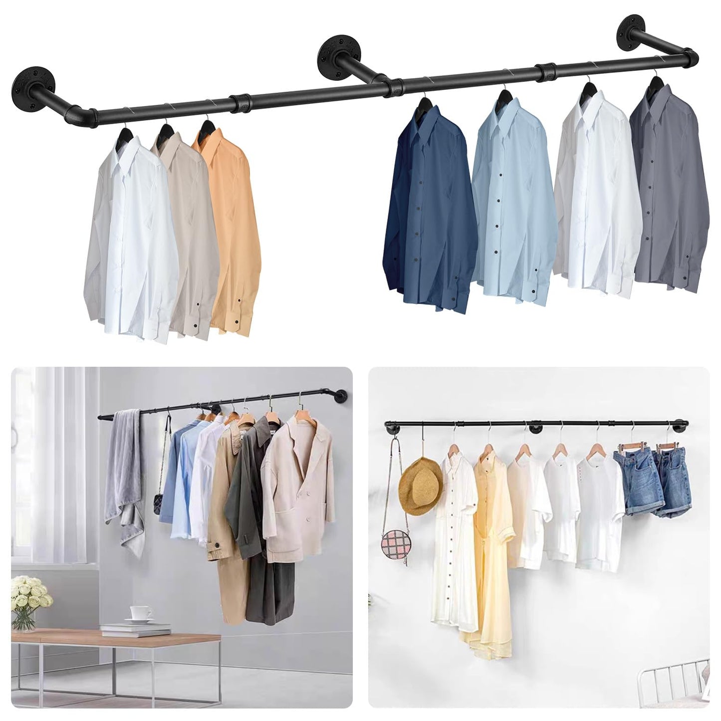 Exquilnova 120CM Wall Mounted Clothes Rail,Black Metal Clothing Rack,Multifunctional Heavy Duty Clothes Rail,Hanging Rails Suitable for