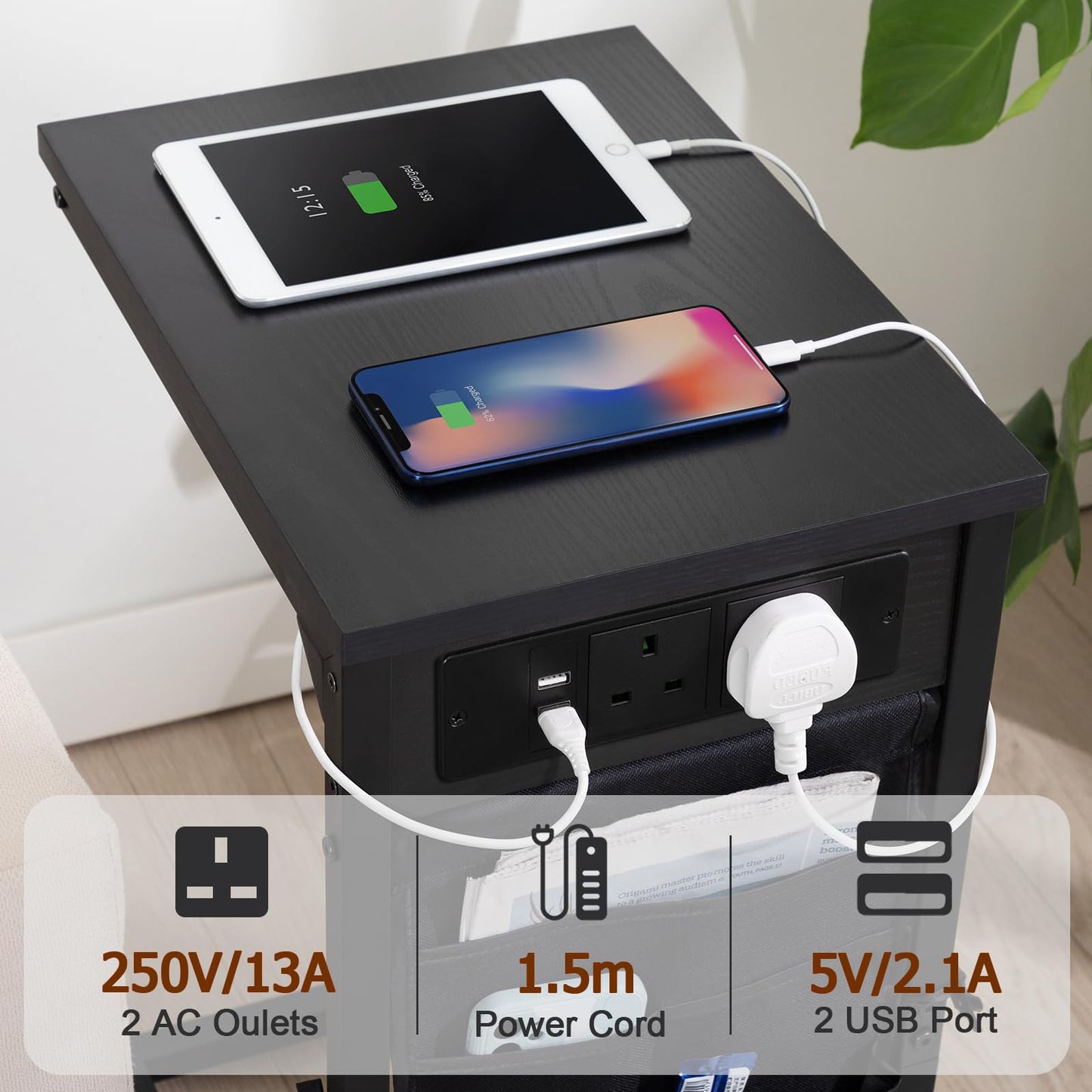 AMHANCIBLE C-Shaped Side Table, Side Table with Charging Station
