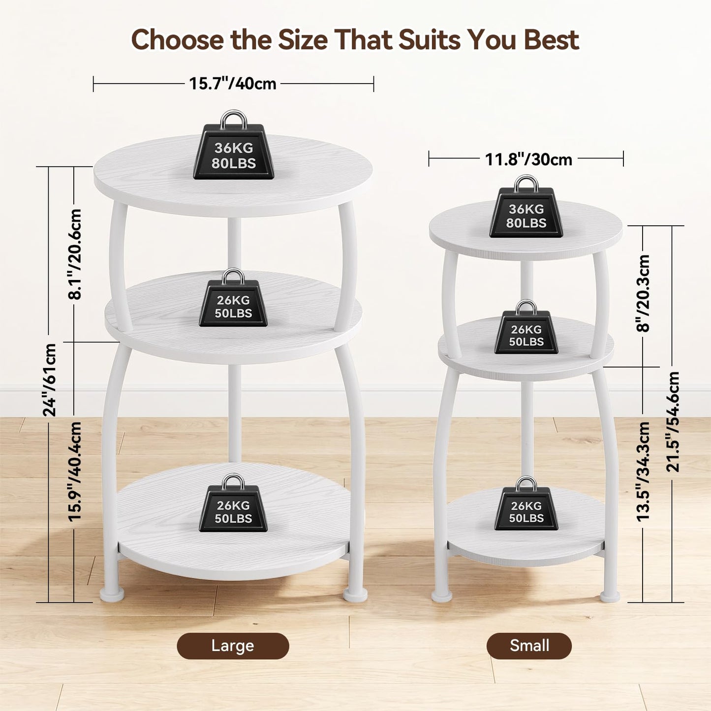 Yuede 3 Tier Side Table, Round Coffee Table, End Table with Storage Shelf, Bedside Table, for Living Room, Bedroom, Metal Frame, 40 x 61 cm, White