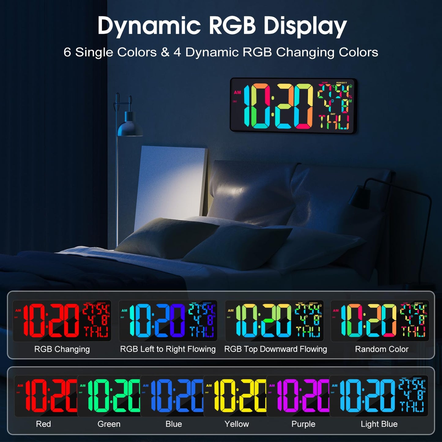 XREXS 18 Inch Digital Wall Clock Large Display, 10 RGB Color Changing Extra Large Digital Wall Clock with Remote Control, Date, Temp/Humidity, Auto