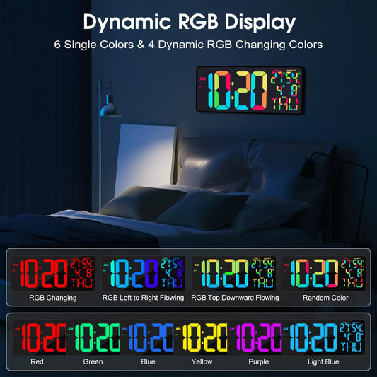XREXS 18 Inch Digital Wall Clock Large Display, 10 RGB Color Changing Extra Large Digital Wall Clock with Remote Control, Date, Temp/Humidity, Auto