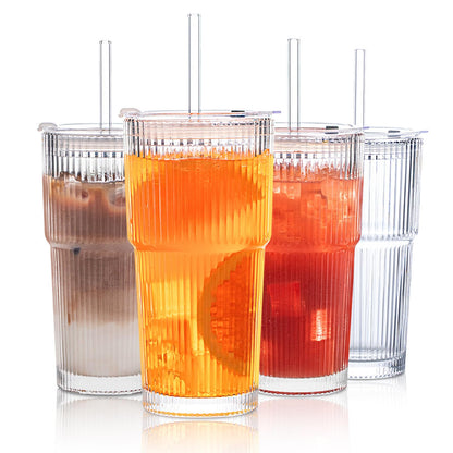 INSETLAN 600ml Ribbed Glass Tumblers with Lids and Glass Straws Set of 4, Leakproof Glass Cup with Straw and Lid, Thickened Glass, Ideal for Iced