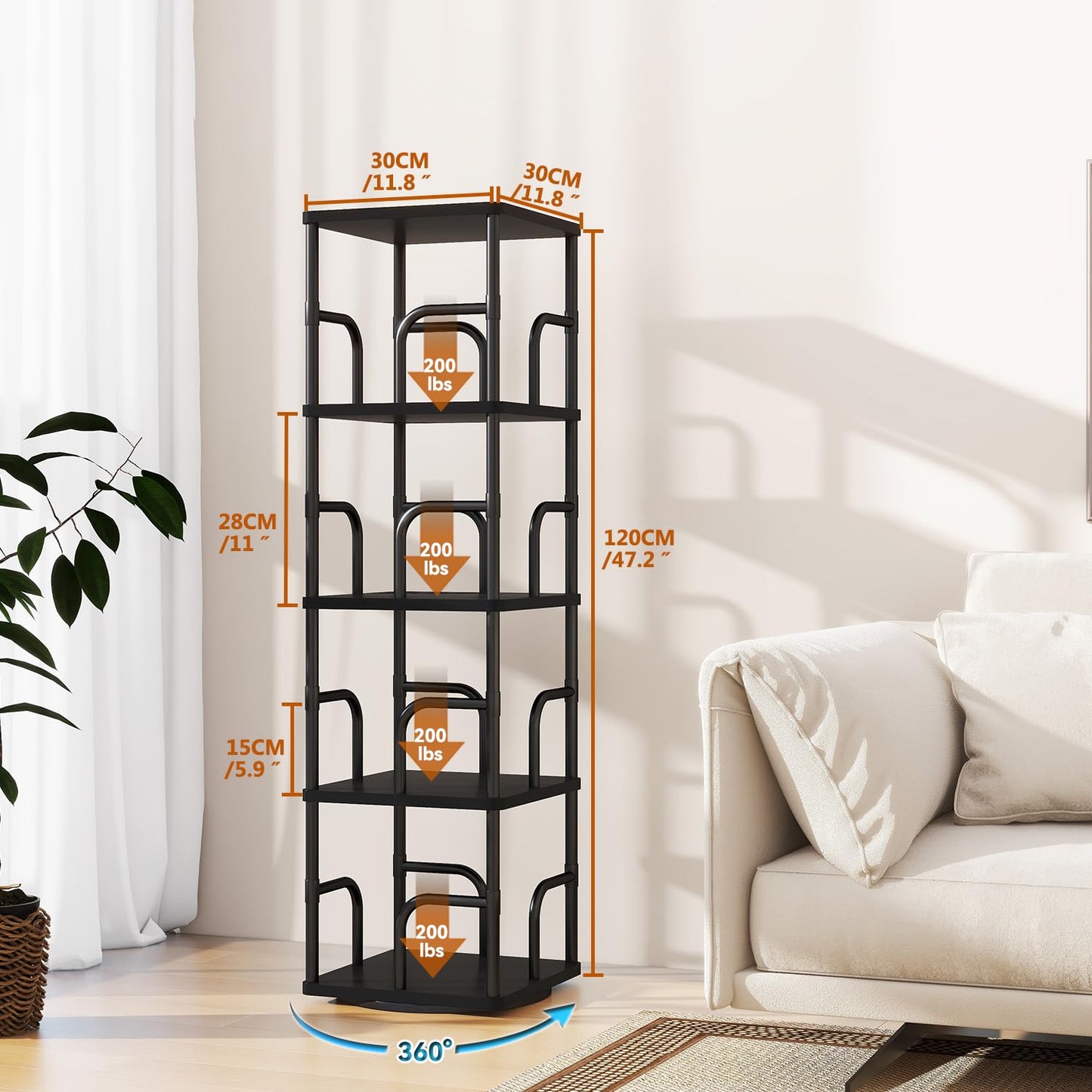 IBUYKE 5 Tier Rotating Bookshelf,Square Bookcases,Black TBC004B