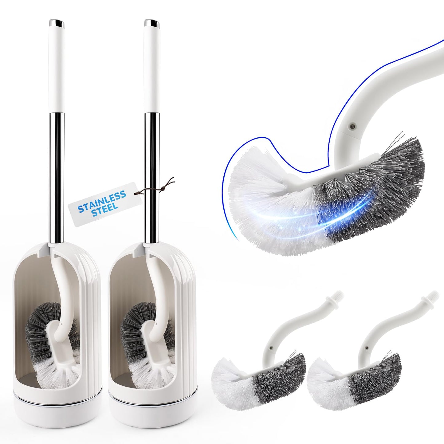 Topsky 2-Pack Toilet Brush and Holder Set, Curved Toilet Cleaner Brush with 2 Replacement Toilet Brush Head, Loo Brush and Holder Set (White)