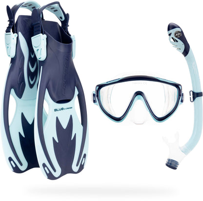 CRESSI Tinetto Rocks Dry Set Blue Navy/Ice Cyan S/M - Kids Snorkeling Set Short Adjustable Fins, Silicone Mask, and Dry Snorkel, Blue Navy/Ice Cyan,