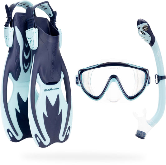 CRESSI Tinetto Rocks Dry Set Blue Navy/Ice Cyan S/M - Kids Snorkeling Set Short Adjustable Fins, Silicone Mask, and Dry Snorkel, Blue Navy/Ice Cyan,