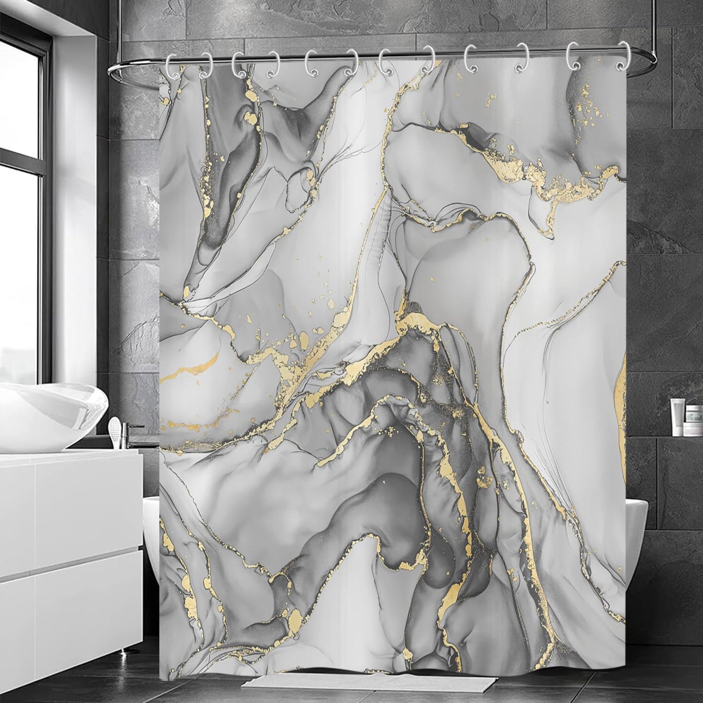 Hnmdmyi Marble Shower Curtain 90x180, Grey Gold Abstract Marble Bathroom Curtains Luxury Modern Aesthetic Art Ink Texture Waterproof Polyester Fabric