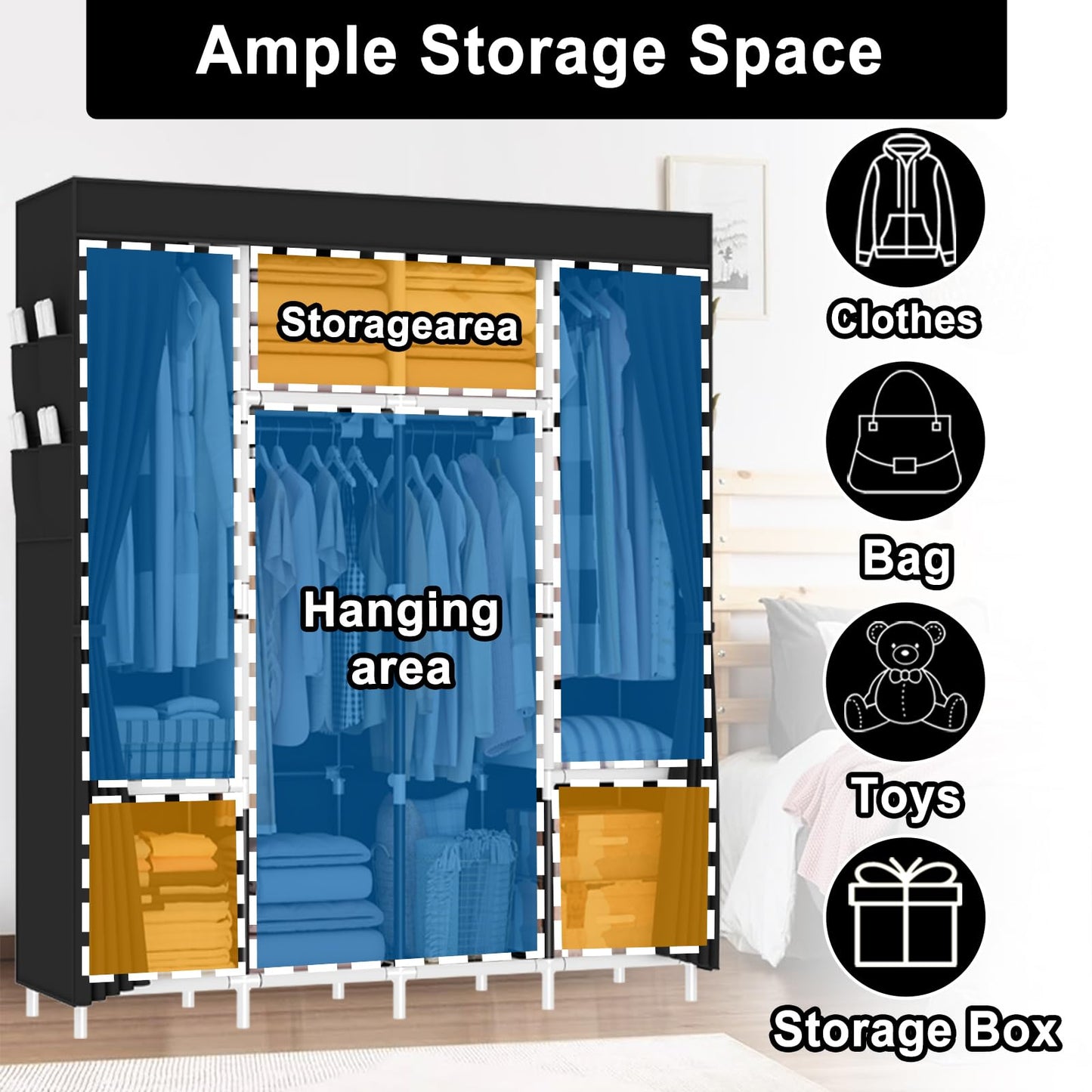 OPPAIYA Extra Large Canvas Wardrobe, Heavy Duty Triple Fabric Wardrobes for Bedroom,165 x 165 x 45 cm, 4 Hanging Rails, 4 Compartments