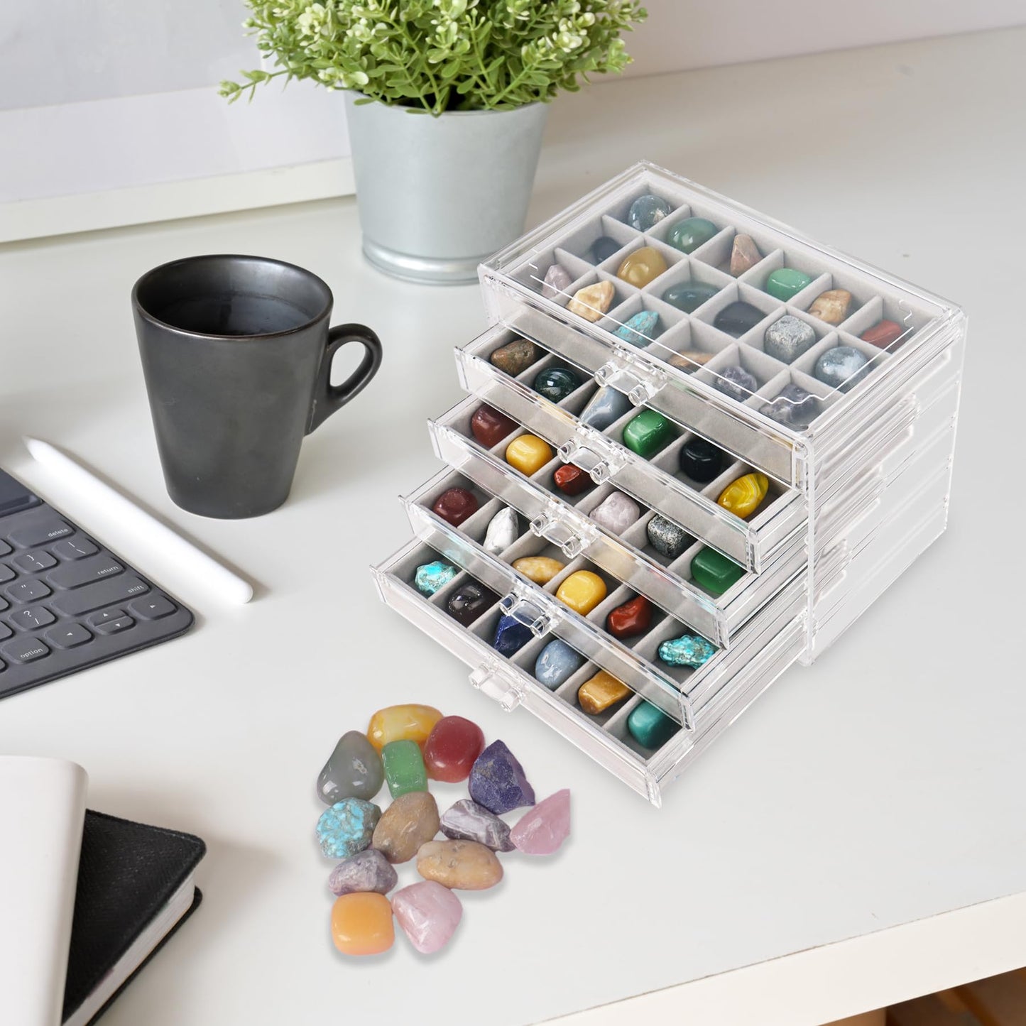 Dmnnlp Rock Display Case, 5 Drawers 90 Grids Acrylic Rock Collection Box, Storage Cases for Small Rocks Gemstone Fossil Crystal Stone Jewellery