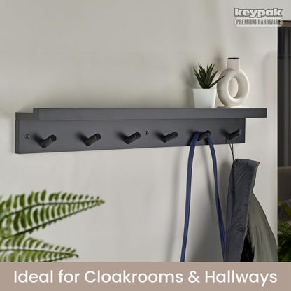 keypak 6 Coat Hooks with Shelf, 68cm Wooden Floating Shelf with Lip