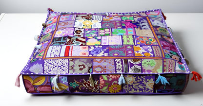 CRAFT KALA Indian Square Patchwork Traditional Pouf Cover Indian Living Room Poufs Decorative Embroidered Designer Ottoman Home Footstool Chair Cover