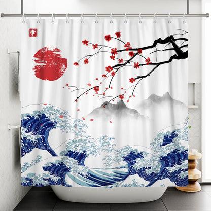 SDOTPMT 165x180cm Japanese Mount Fuji Shower Curtain Cherry Blossom Sunset Asian Ink Painting Bath Curtain Wave Landscape Painting Bathtub Curtain