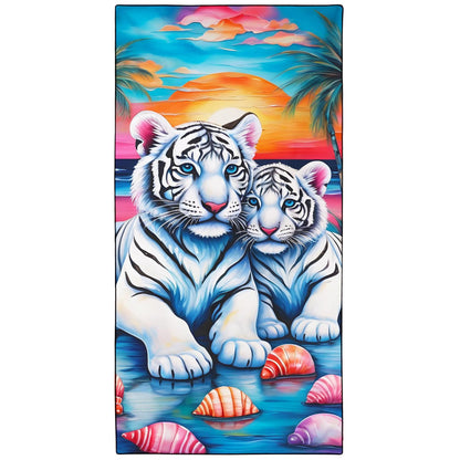 Violetpos White Tiger & Shells Beach Towel, Extra Large 180x90 cm 250GSM Microfibre, Sand Free Quick Dry