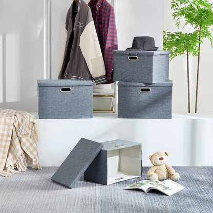 AlphaHome Fabric Storage Box with Lid, Collapsible Linen Fabric Storage Baskets with Galvanized Metal Handle, Set of 3 (Slate Grey, XLarge - 3 Pack)